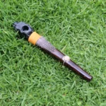 Jaguar Head Ceremonial Pipe | Peace Pipe | Made of Chonta Wood and Machu Picchu Stone | Decorated with Smoky Quartz and Feather