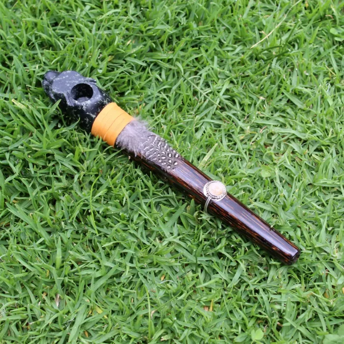 Jaguar Head Ceremonial Pipe | Peace Pipe | Made of Chonta Wood and Machu Picchu Stone | Decorated with Smoky Quartz and Feather