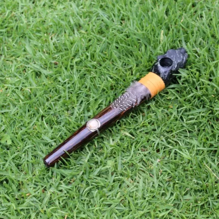Jaguar Head Ceremonial Pipe | Peace Pipe | Made of Chonta Wood and Machu Picchu Stone | Decorated with Smoky Quartz and Feather