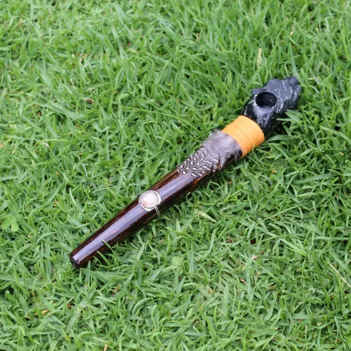 Jaguar Head Ceremonial Pipe | Peace Pipe | Made of Chonta Wood and Machu Picchu Stone | Decorated with Smoky Quartz and Feather