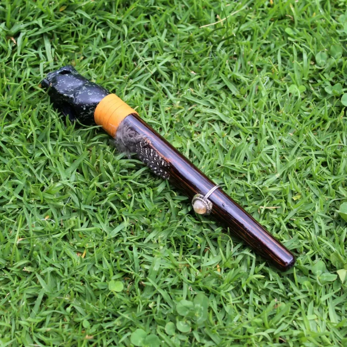 Jaguar Head Ceremonial Pipe | Peace Pipe | Made of Chonta Wood and Machu Picchu Stone | Decorated with Smoky Quartz and Feather