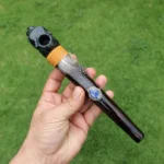 Jaguar Head Ceremonial Pipe | Peace Pipe | Made of Chonta Wood and Machu Picchu Stone | Decorated with Lapis Lazuli and Feather