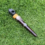 Jaguar Head Ceremonial Pipe | Peace Pipe | Made of Chonta Wood and Machu Picchu Stone | Decorated with Lapis Lazuli and Feather