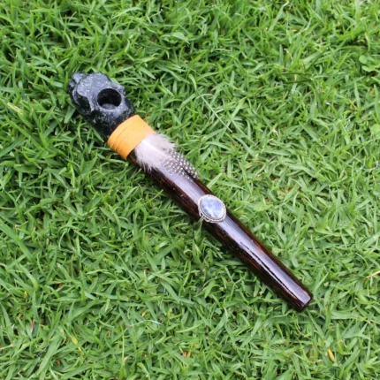 Jaguar Head Ceremonial Pipe | Peace Pipe | Made of Chonta Wood and Machu Picchu Stone | Decorated with Lapis Lazuli and Feather