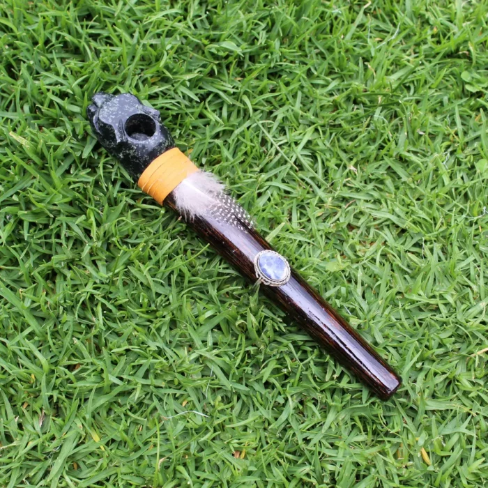 Jaguar Head Ceremonial Pipe | Peace Pipe | Made of Chonta Wood and Machu Picchu Stone | Decorated with Lapis Lazuli and Feather
