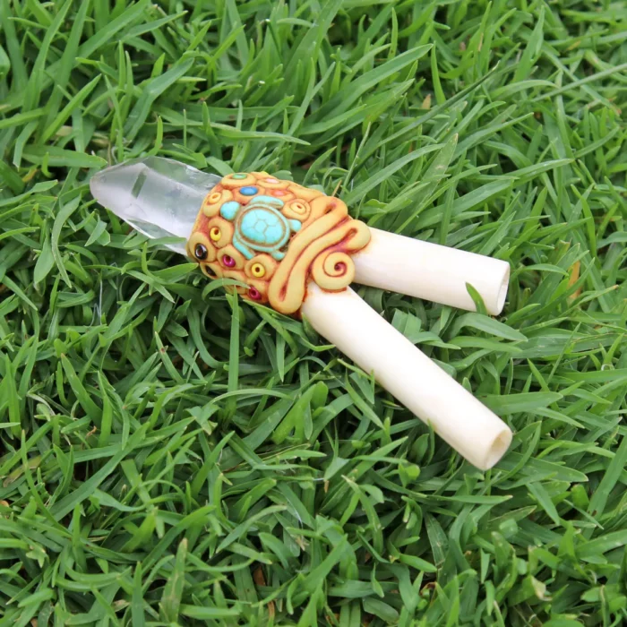 Bone Kuripe Self Applicator | Decorated with Clear Quartz, Beads and Peruvian Turquoise Stone
