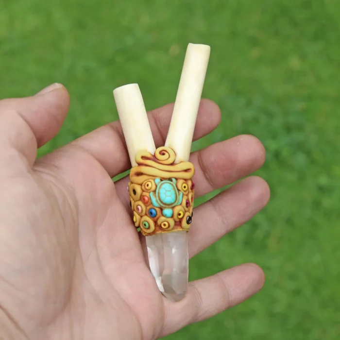 Bone Kuripe Self Applicator | Decorated with Clear Quartz, Beads and Peruvian Turquoise Stone