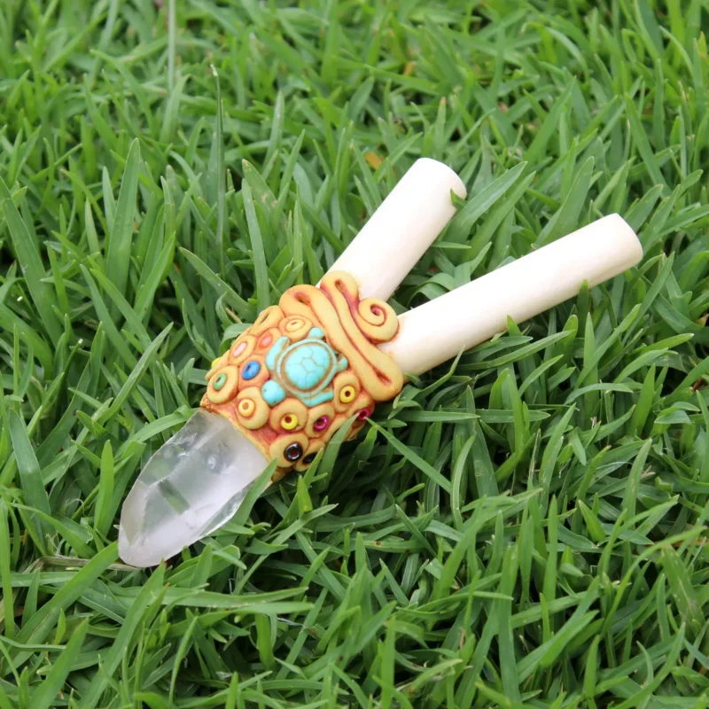 Bone Kuripe Self Applicator | Decorated with Clear Quartz, Beads and Peruvian Turquoise Stone