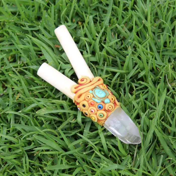 Bone Kuripe Self Applicator | Decorated with Clear Quartz, Beads and Peruvian Turquoise Stone