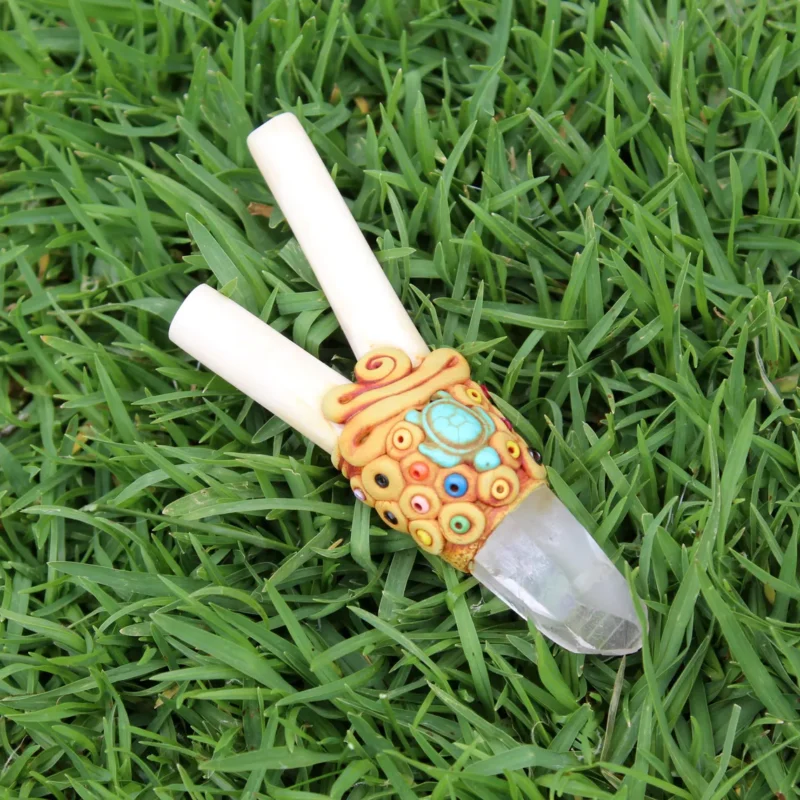 Bone Kuripe Self Applicator | Decorated with Clear Quartz, Beads and Peruvian Turquoise Stone