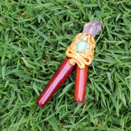 Palo Sangre Wood Kuripe Self Applicator | Decorated with Amethyst, Beads and Peruvian Turquoise Stone