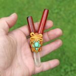 Palo Sangre Wood Kuripe Self Applicator | Decorated with Clear Quartz, Beads and Peruvian Turquoise Stone