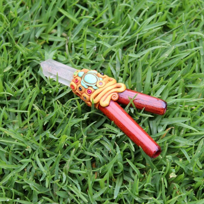 Palo Sangre Wood Kuripe Self Applicator | Decorated with Clear Quartz, Beads and Peruvian Turquoise Stone