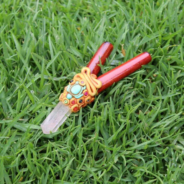 Palo Sangre Wood Kuripe Self Applicator | Decorated with Clear Quartz, Beads and Peruvian Turquoise Stone