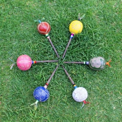 Medium Head Shaman Rattle Shipibo Shamanic Ceremonial Hand Made Maracas ( Shamanic Rattle ) From Peru Head Diameter average 7 - 8 cm.