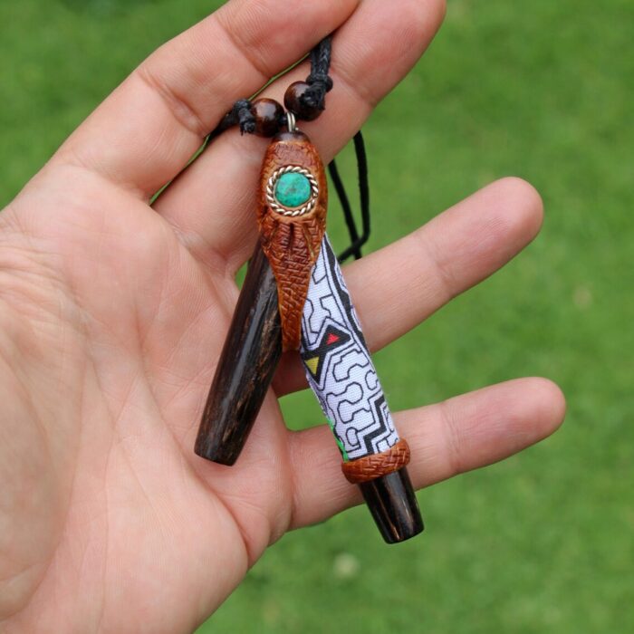 Necklace Kuripe Self Applicator | Made of Different Sacred Woods | Decorated with Peruvian Turquoise and Shipibo Fabric