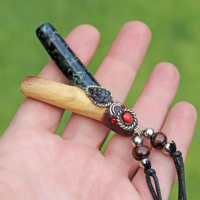 Necklace Stone Kuripe Self Applicator | Made of Palo Santo and Machu Picchu Stone | Decorated with Black Tourmaline