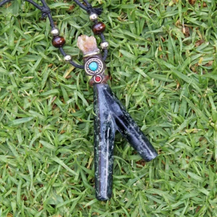 Necklace Stone Kuripe Self Applicator | Made of Machu Picchu Stone | Decorated with Smoky Quartz and Peruvian Turquoise