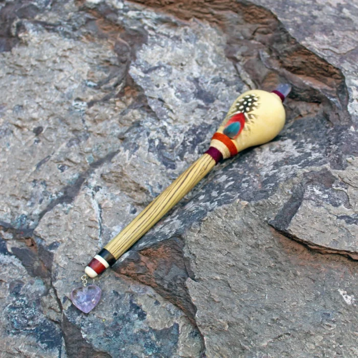 Peruvian Shamanic Ceremonial Shaman Rattle | Decorated with Amethyst, %100 Organic Rope and Macaw Feather | Handle part made of Aya Vine