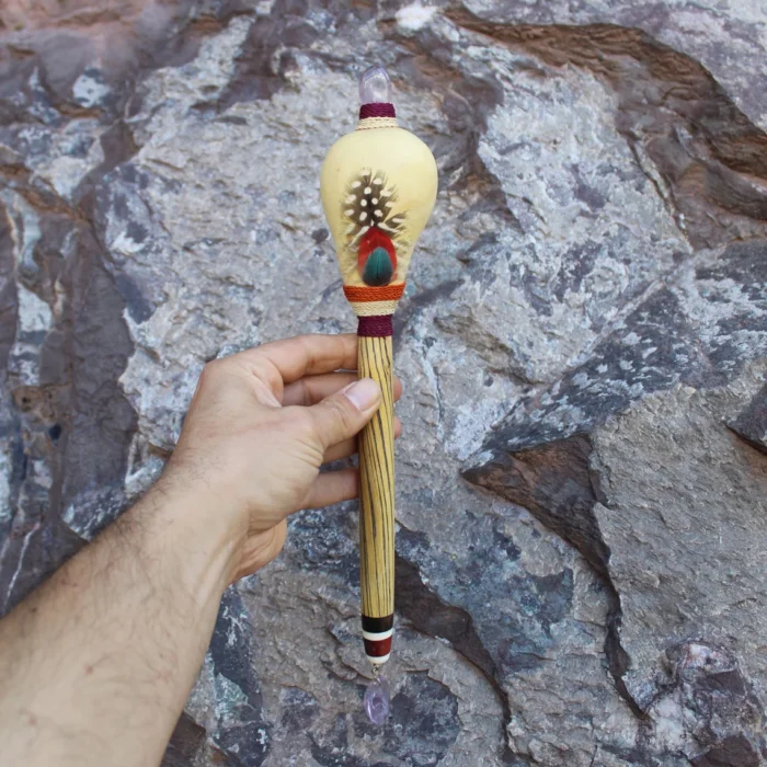 Peruvian Shamanic Ceremonial Shaman Rattle | Decorated with Amethyst, %100 Organic Rope and Macaw Feather | Handle part made of Aya Vine