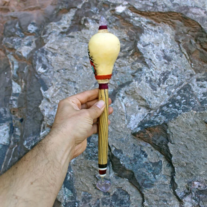 Peruvian Shamanic Ceremonial Shaman Rattle | Decorated with Amethyst, %100 Organic Rope and Macaw Feather | Handle part made of Aya Vine