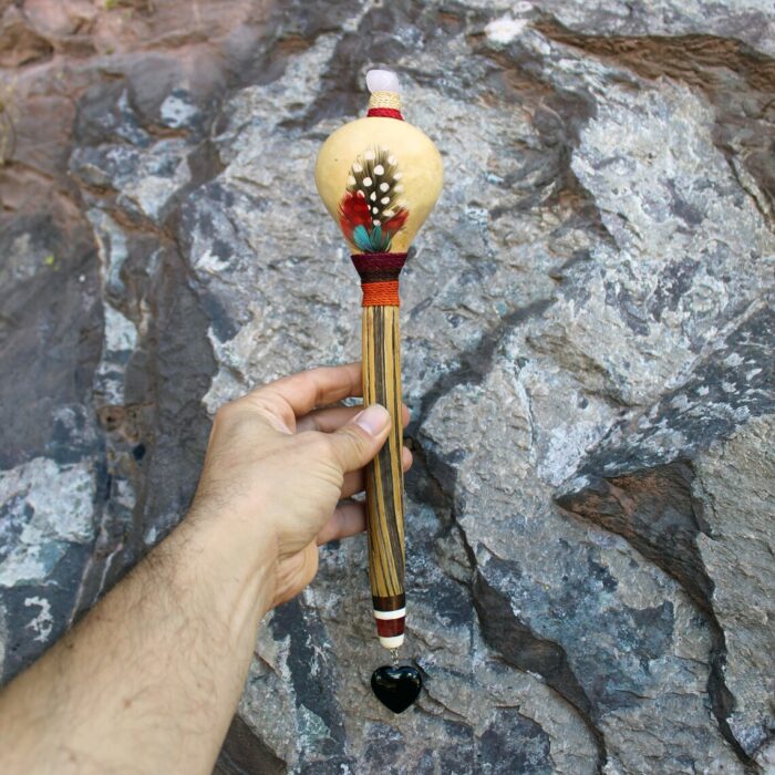 Peruvian Shamanic Ceremonial Shaman Rattle - Maracas | Decorated with Onix, %100 Organic Rope and Macaw Feather | Handle part made of Aya Vine