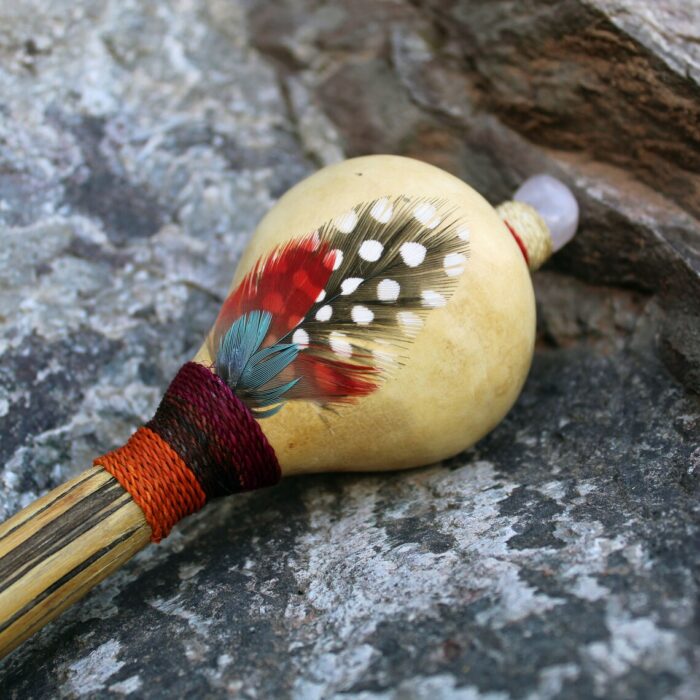 Peruvian Shamanic Ceremonial Shaman Rattle - Maracas | Decorated with Onix, %100 Organic Rope and Macaw Feather | Handle part made of Aya Vine