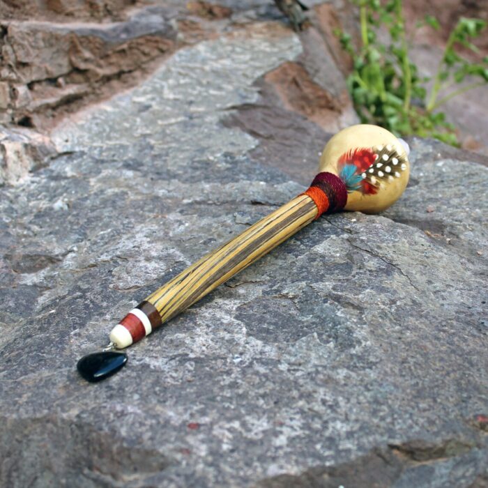 Peruvian Shamanic Ceremonial Shaman Rattle - Maracas | Decorated with Onix, %100 Organic Rope and Macaw Feather | Handle part made of Aya Vine