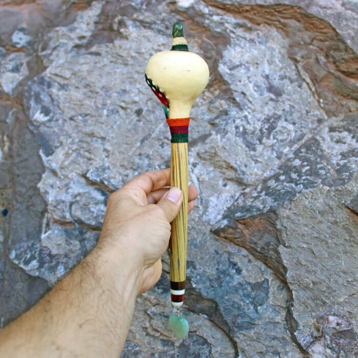Peruvian Ceremonial Shaman Rattle - Maracas | Decorated with Green Jade, %100 Organic Rope and Macaw Feather | Handle part made of Aya Vine