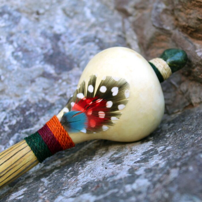 Peruvian Ceremonial Shaman Rattle - Maracas | Decorated with Green Jade, %100 Organic Rope and Macaw Feather | Handle part made of Aya Vine