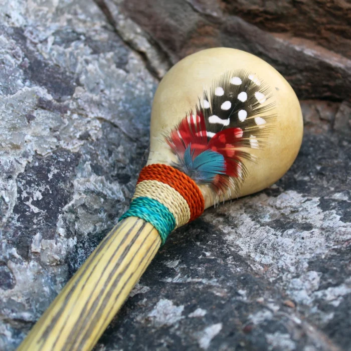 Peruvian Ceremonial Shaman Rattle - Maracas | Decorated with Turquoise, %100 Organic Rope and Macaw Feather | Handle part made of Aya Vine