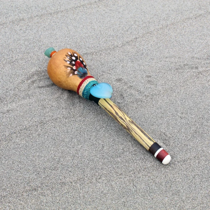 Peruvian Shamanic Ceremonial Shaman Rattle | Decorated with Blue Jade, %100 Organic Rope and Macaw Feather | Handle part made of Aya Vine