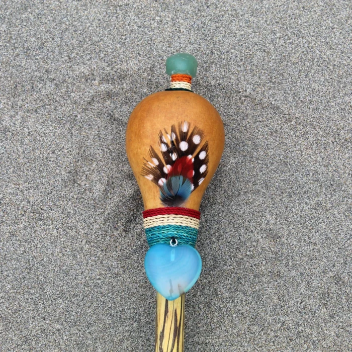 Peruvian Shamanic Ceremonial Shaman Rattle | Decorated with Blue Jade, %100 Organic Rope and Macaw Feather | Handle part made of Aya Vine