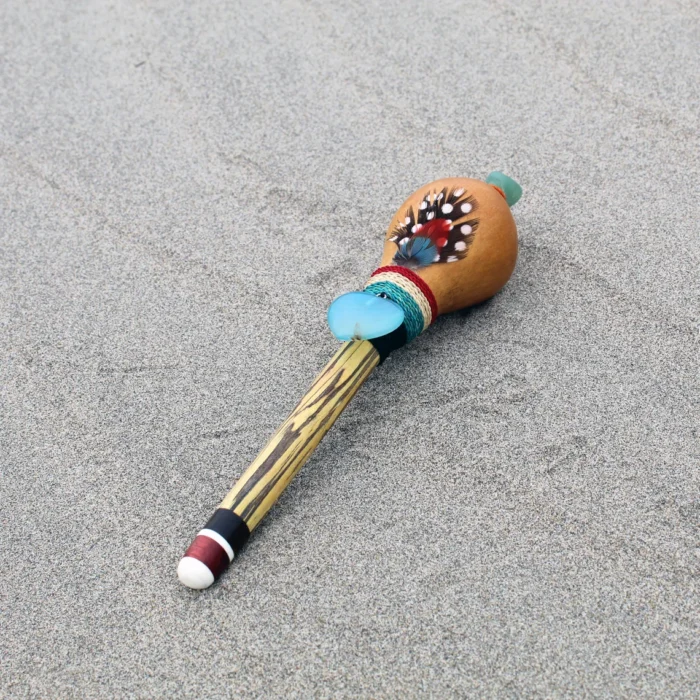 Peruvian Shamanic Ceremonial Shaman Rattle | Decorated with Blue Jade, %100 Organic Rope and Macaw Feather | Handle part made of Aya Vine
