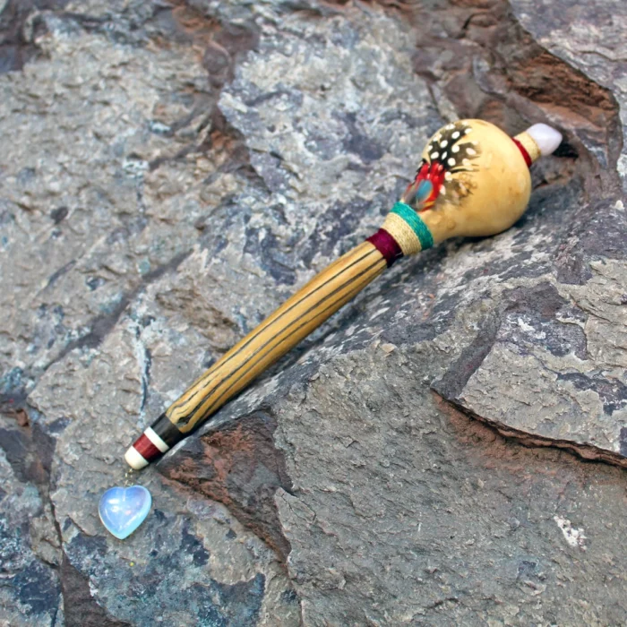 Peruvian Shamanic Ceremonial Shaman Rattle - Maracas | Decorated with Pink Jade, %100 Organic Rope and Macaw Feather | Handle part made of Aya Vine