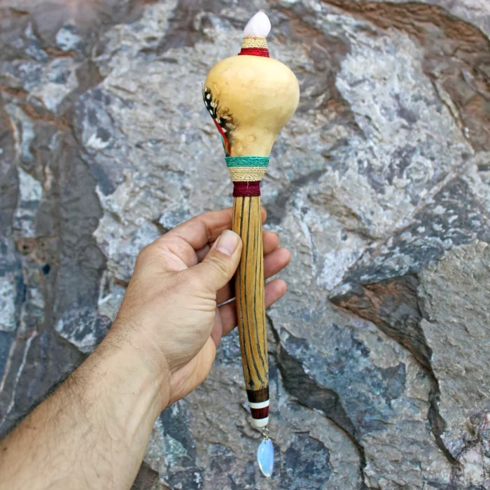 Peruvian Shamanic Ceremonial Shaman Rattle - Maracas | Decorated with Pink Jade, %100 Organic Rope and Macaw Feather | Handle part made of Aya Vine