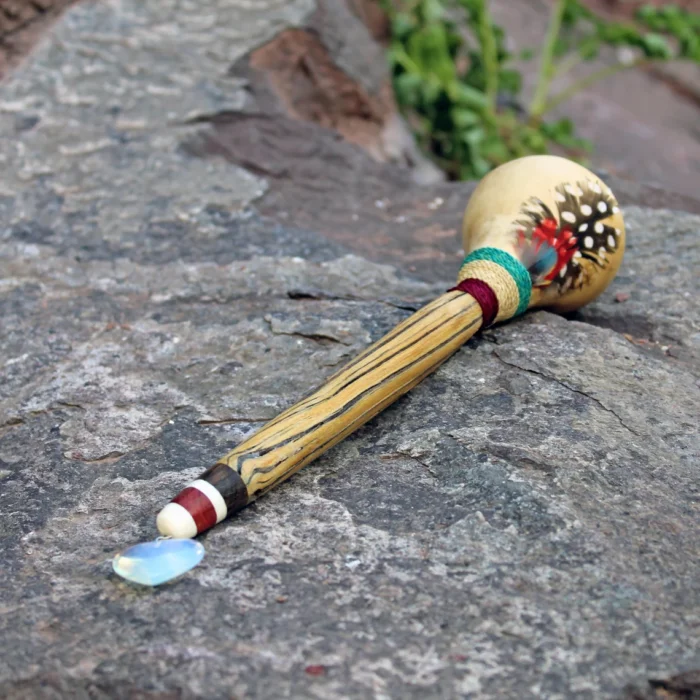 Peruvian Shamanic Ceremonial Shaman Rattle - Maracas | Decorated with Pink Jade, %100 Organic Rope and Macaw Feather | Handle part made of Aya Vine