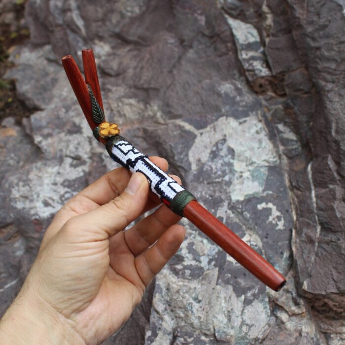 Shipibo Embroidered Double Nostril Tepi Applicator made of Palo Sangre | Decorated with a piece of Aya Vine and Peruvian Turquoise