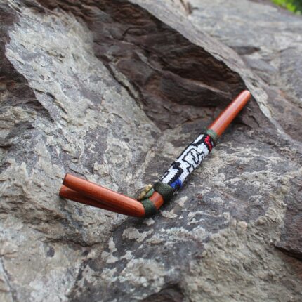 Shipibo Embroidered Double Nostril Tepi Applicator made of Palo Sangre | Decorated with a piece of Aya Vine and Peruvian Turquoise