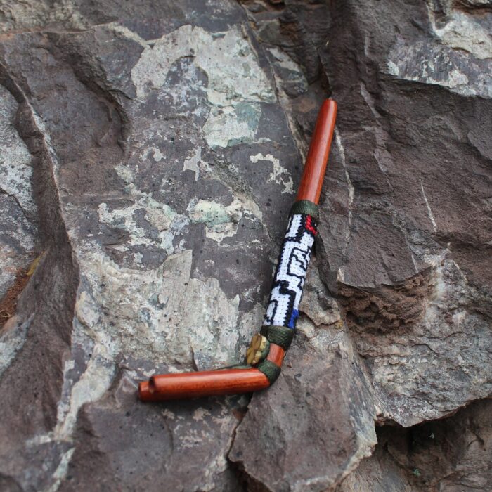 Shipibo Embroidered Double Nostril Tepi Applicator made of Palo Sangre | Decorated with a piece of Aya Vine and Peruvian Turquoise