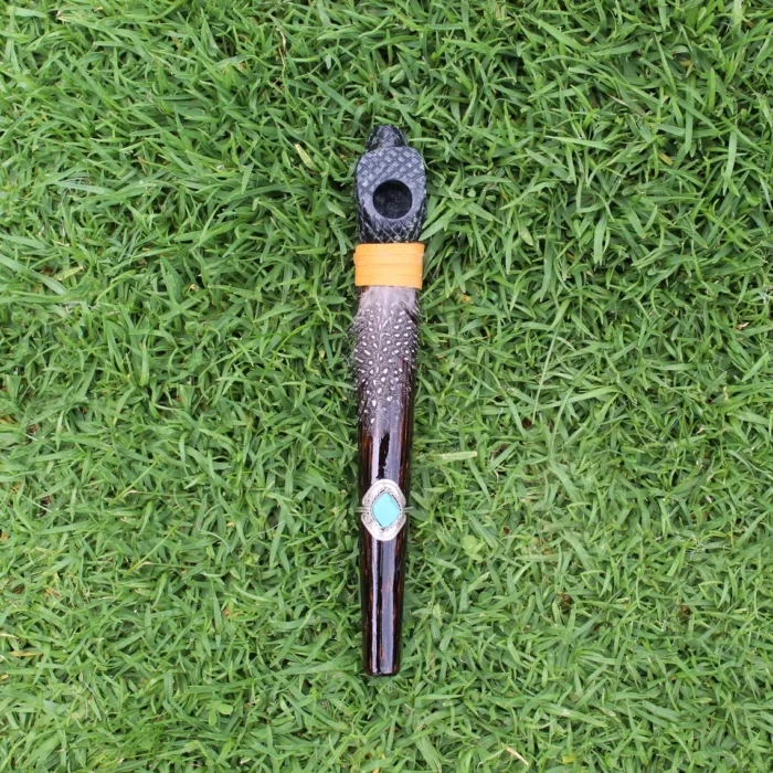 Snake Head Ceremonial Pipe | Peace Pipe | Made of Chonta Wood and Machu Picchu Stone | Decorated with Peruvian Turquoise and Feather