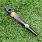 Snake Head Ceremonial Pipe | Peace Pipe | Made of Chonta Wood and Machu Picchu Stone | Decorated with Peruvian Turquoise and Feather