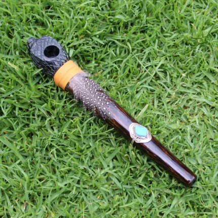 Snake Head Ceremonial Pipe | Peace Pipe | Made of Chonta Wood and Machu Picchu Stone | Decorated with Peruvian Turquoise and Feather