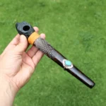 Snake Head Ceremonial Pipe | Peace Pipe | Made of Chonta Wood and Machu Picchu Stone | Decorated with Peruvian Turquoise and Feather