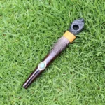 Snake Head Ceremonial Pipe | Peace Pipe | Made of Chonta Wood and Machu Picchu Stone | Decorated with Peruvian Turquoise and Feather