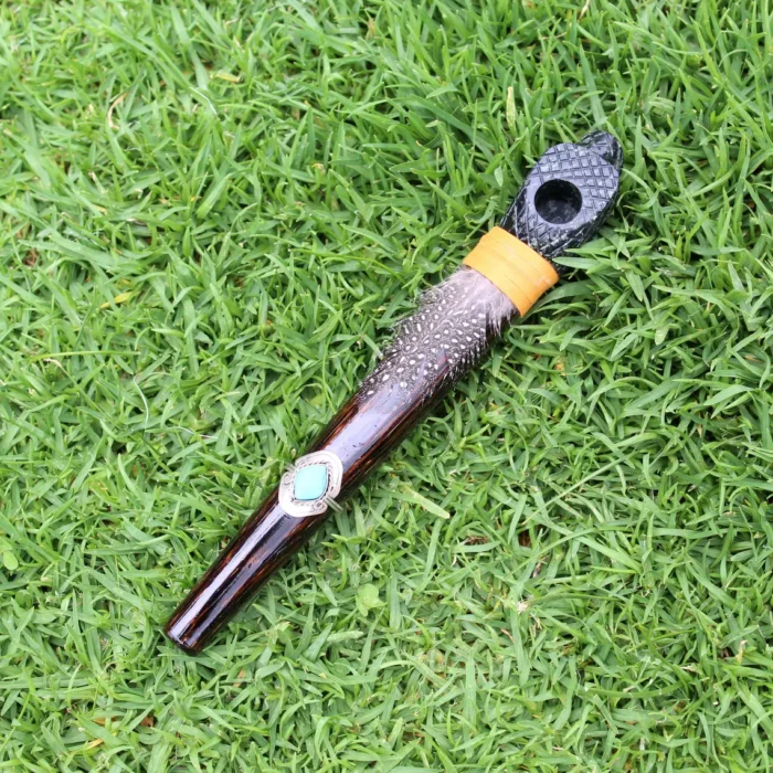 Snake Head Ceremonial Pipe | Peace Pipe | Made of Chonta Wood and Machu Picchu Stone | Decorated with Peruvian Turquoise and Feather