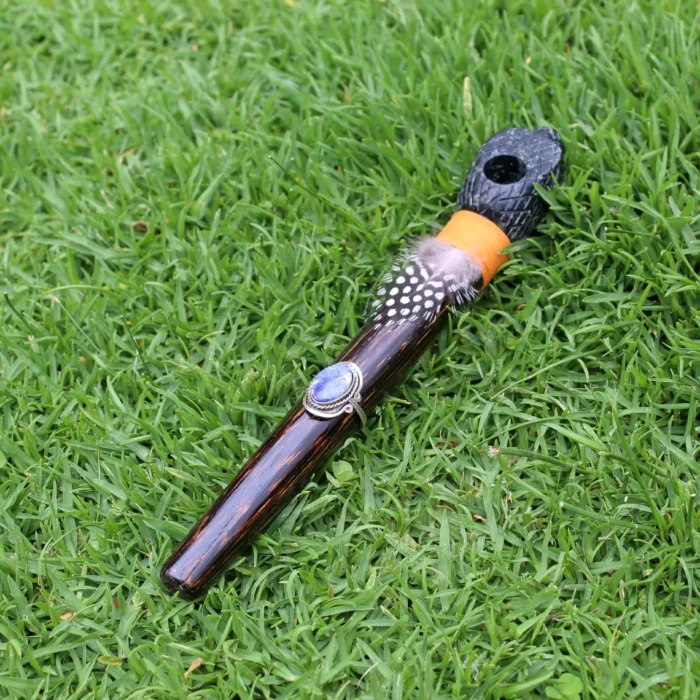 Snake Head Ceremonial Pipe | Peace Pipe | Made of Chonta Wood and Machu Picchu Stone | Decorated with Lapis Lazuli and Feather
