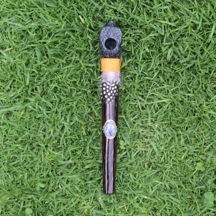 Snake Head Ceremonial Pipe | Peace Pipe | Made of Chonta Wood and Machu Picchu Stone | Decorated with Lapis Lazuli and Feather