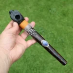 Snake Head Ceremonial Pipe | Peace Pipe | Made of Chonta Wood and Machu Picchu Stone | Decorated with Lapis Lazuli and Feather