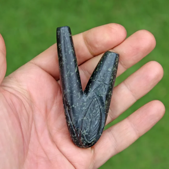 Triple Coca Leaf ( K'intu ) Stone Double Nose Kuripe Self Applicator Pipe Washable Made of Serpentine Stone
